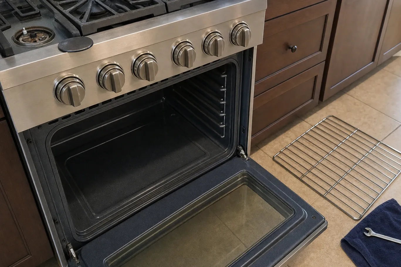 Open oven cavity on a stainless gas range, rack shelves bare and one rack standing on the tile floor